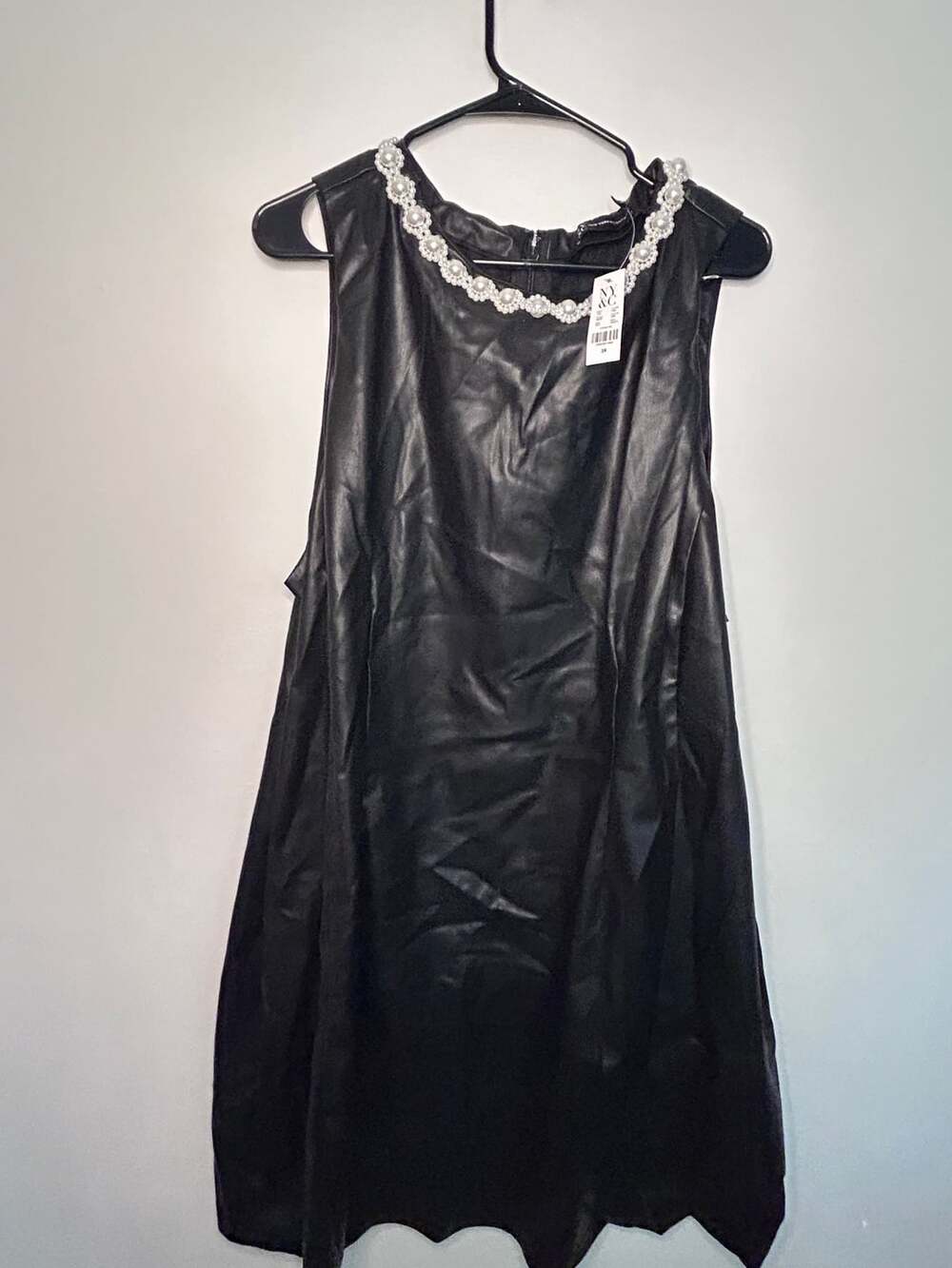 New York & Company Faux Leather Dress with Pearl Neckline